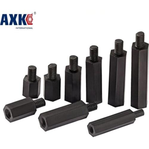 Axk 100pcs/lot M2.5*5/6/8/10/12/15/18/20+6 M2.5 Black Nylon Standoff Spacer Male To Female Thread
