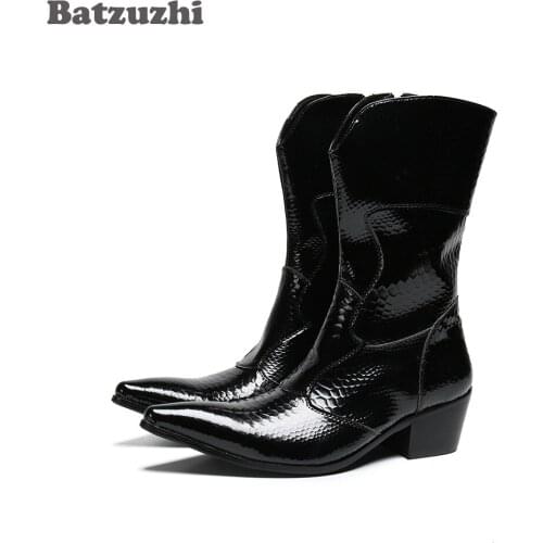 Batzuzhi Western Cowboy Men Boots Pointed Toe Medium-calf Black Leather Boots Men Motorcycle Fashion Botas Militares,Big US6-12