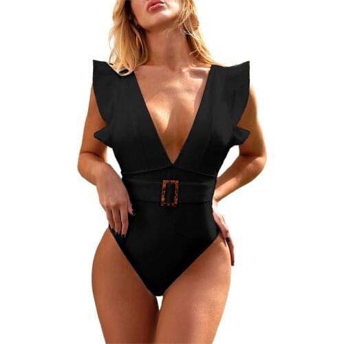 Summer Ladies Breathable Swimsuit Women Solid Color Flouncing Decoration Sexy V-neck Swimwear for Vacation Travel