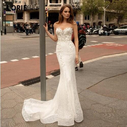 LORIE 2020 Lace Wedding Dresses Mermaid Bridal Gowns Illusio Back Button Princess Bride Dress Sleeveless Vintage Sweep Train