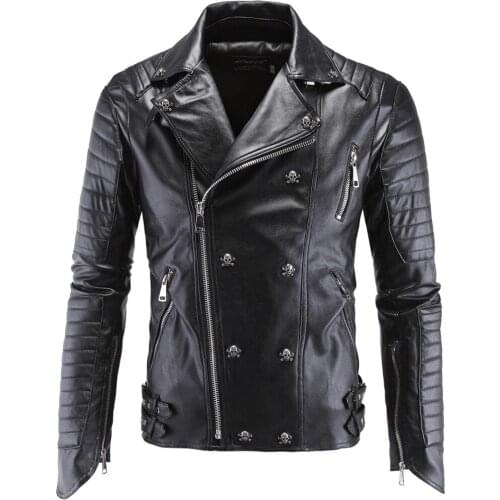 High Quality Mens Skull Punk Style Leather Jackets New Male Hip-Hop Oblique Zipper Leather Suede Ootwear Coats Leather jaqueta