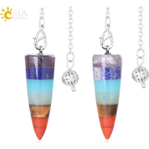 CSJA Natural Stone 7 Chakra Pendulum for Dowsing Circular Cone Metaphysical Spiritual Healing Amulet Wiccan Reiki Jewelry F358
