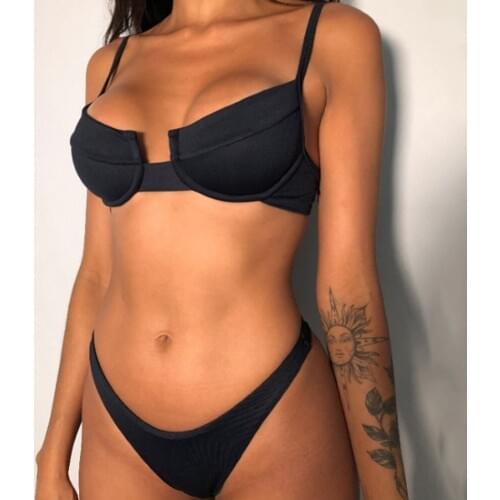 2021 New Women Two Piece Swimwear Sexy Bikini Solid Color Black Bathing Suit Summer Beachwear Swimsuit