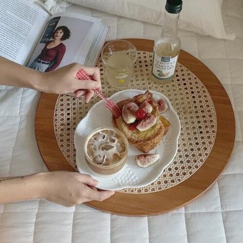 Ins Style Rattan Decoration Plate Storage Tray Ornaments Photo Props Round Solid Wood Tray Food Jewelry Sundry Storage Plate