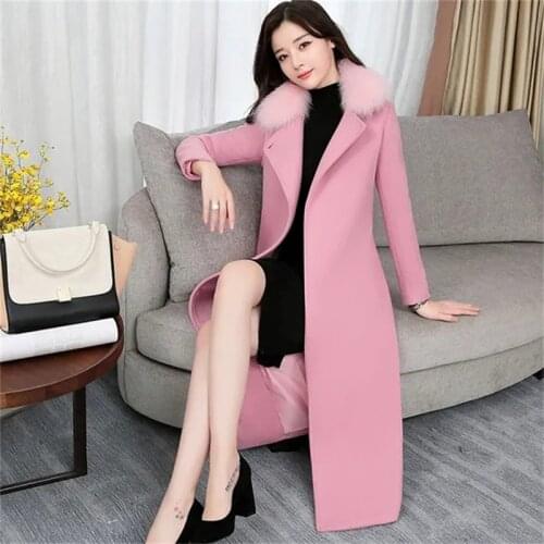 Casual Woolen Female Coat 2021 Womens Mid-length New Thickened Removable Makeup Fur Collar Over-the-knee Woolen Coat Commute D3