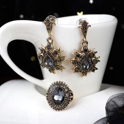 Sunspicems Fashion Antique Gold Color Drop Earrings Ring Bohemia Gray Crystal Wedding Jewelry Sets Turkish Bridal Gift