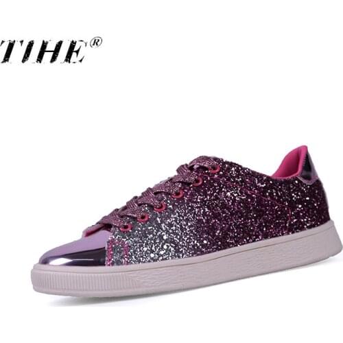 Tenis Feminino 2019 Trend Women Bling Tennis Shoes Female Sequins Flat Sneakers Lace-up Rhinestone Shoes Gold Zapatos De Mujer