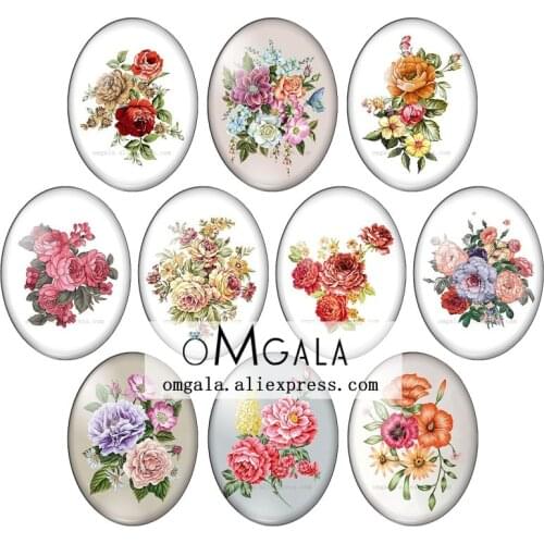 Vintage Rose Flowers Floral Illustrations 13x18mm/18x25mm/30x40mm Oval photo glass cabochon flat back Making findings