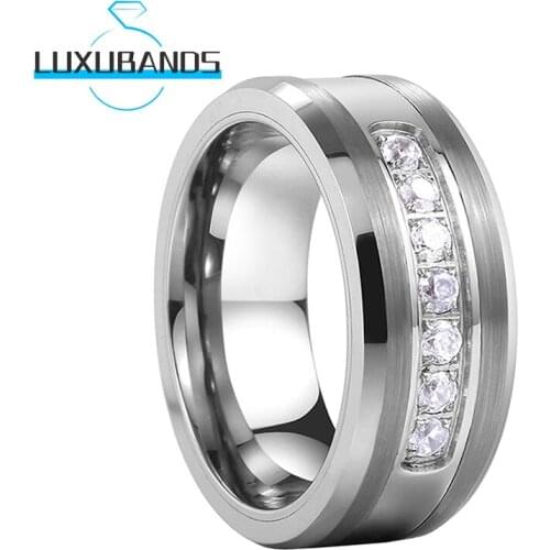 Womens Tungsten Carbide Rings 8MM Beveled Edges White Cubic Zircon Brushed Finished High Quality Comfort Fit