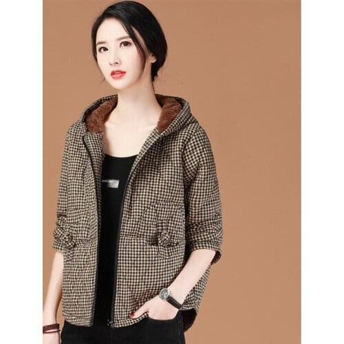 Winter Thicken Plus Velvet Womens Plaid Jacket Ladies Short In Cotton Warm Outwear Large Size Zipper Tops Hooded Cardigan Coat