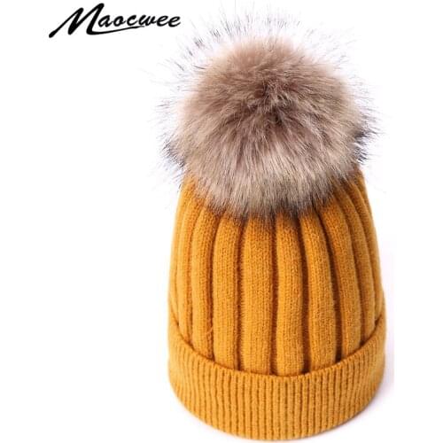 Winter Women Wool Hat With Faux Fur Pompom Knitted Hat For Female Men Outdoor Warm Thick Caps With Pompon Crochet Slouch Bonnet