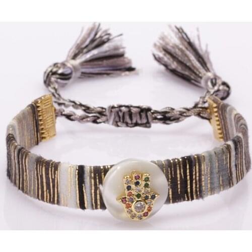 Gold mix cz Fatimas hand protection charm ethnic boho bohemia soft cotton silk tassel wristband adjustable bracelet for woman