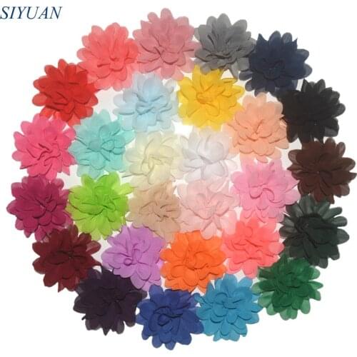 120pcs/lot 2.8'' Chiffon Fabric Flowers Plicated Multilayer Bloom Kids Boutique Hair Ornaments Flat Back FH49