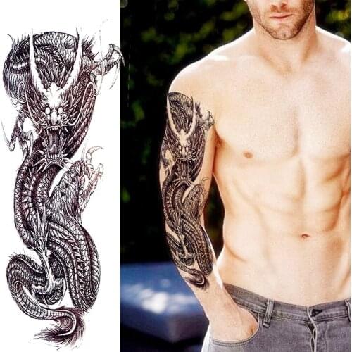 Black Sketch Dragon Temporary Tattoo Sticker Men Full Arm Art Water Transfer Tattoo Women Shoulder Long Paste Fake Tatoo Fashion