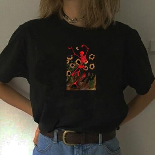 Skeletons Dance On The Sunflowers T Shirt Women Unise Funny Cotton Casual Vintage 70s Graphic Tee Women Clothing