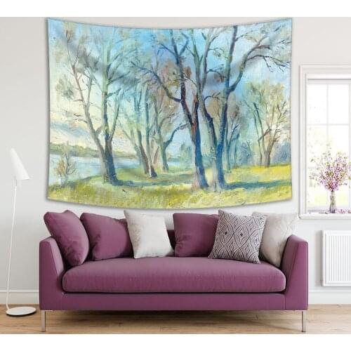 Tapestry River by Trees Springtime Seasonal Landscape Nature Scenery Oil Painting Artwork Printed Blue Yellow