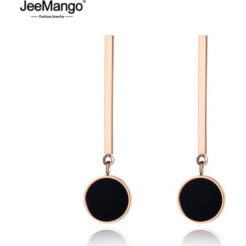 JeeMango Classic Black Round Acrylic Long Earrings For Women Girl Rose Gold Stainless Steel Jewelry Christmas Party Gift JE19007