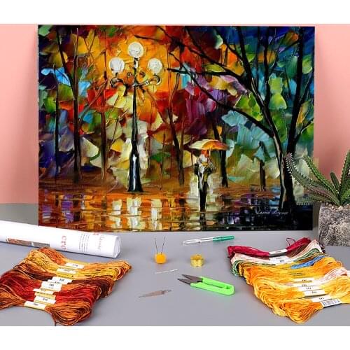 Oil Painting Style Rain Printed Fabric 11CT Cross Stitch DIY Embroidery Complete Kit DMC Threads Handiwork Stamped
