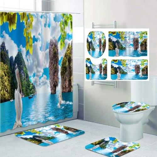 Beautiful Lake View Set Carpet Toilet Cover Bath Mat Sets Bathroom Curtain Waterproof With 12 Hooks Home Deco Free Ship