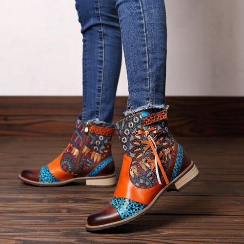 Fashion Embossed PU Leather Splicing Fancy Pattern Lace Up Zipper Flat Short Boots Ladies Shoes Women Winter Ankle Boots New