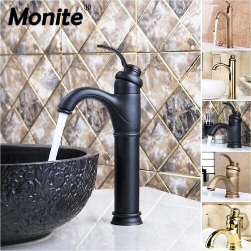 Monite Oil Rubbed Black Bronze Bathroom Faucet Antique Brass Golden Bathroom Deck Mounted Wash Basin Sink Faucets Mixer Tap