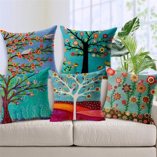 Country Throw Cushion Cover Colorful Painting Flowers Pillowcase Bird Tree Plant Home Decor Outdoor Living Room Garden Pillows