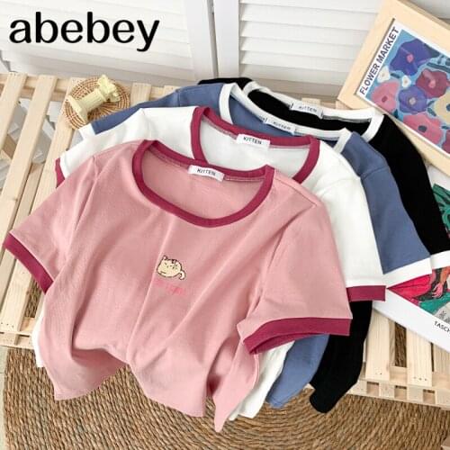 2021 New Summer Fashion All-match O-neck short sleeve T-shirt cat letter print color matching Pullover T-Shirt Top