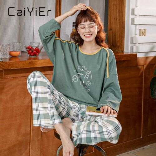CAIYIER Autumn Winter Cotton Cartoon Pajamas Set Cotton Long Sleeve Top + Long Pant Woman Sleepwear Cute Leisure HomeWear Female