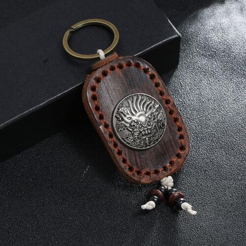 Retro Leather Keychain Accessories Charms Handmade Key Chains Women Men Fashion Rope Wooden Beads Bag Pendant Metal Keyring Gift