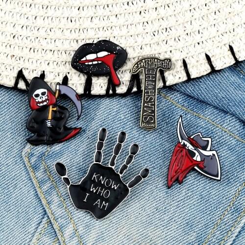 Sickle Pirate Skeleton Hammer Brooch Horror Black Lips Hand Enamel Pin Punk Bag Badge Jackets Lapel Pins Jewelry For Women Men