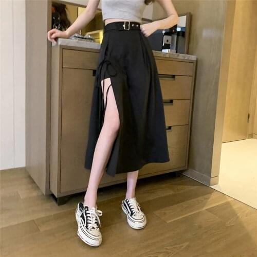High Waist Black Midi Skirt Women Summer Streetwear Casual Split Hem Asymmetric Wild Long Skirt Korean Fashion Ladies 2021 New