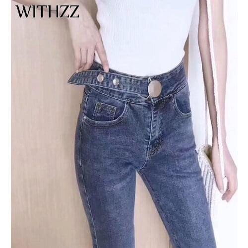 WITHZZ Spring Autumn High Waist Elastic Denim Pants Personality Waist Womens Slim Jeans