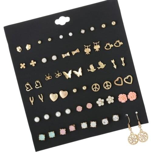 30 Pairs/set Fashion Gold Metal Alloy Small Earrings For Women Cute Heart Owl Pink Resin Flower Stud Earrings Set Girls Jewelry
