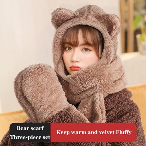 Ladies Winter Riding Warm Windproof Gloves Bib Hat Three Piece Women Bear Ear Scarf One-Piece Cap Antlers Female Beanie Bone Z53