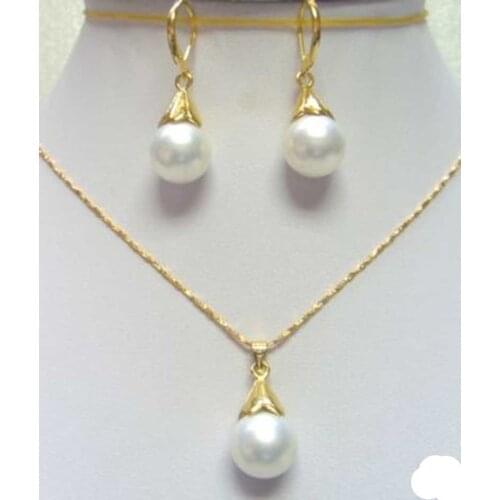 Ladies Set 12MM White South Sea Shell Pearl Pendant+Earring Jewelry