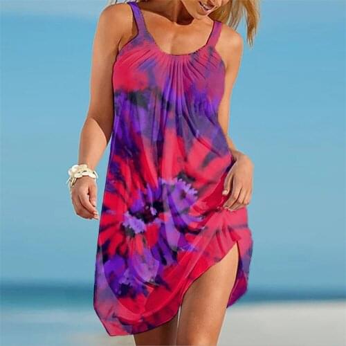 LONGTIME Stitching Design Graffiti Flower Print Cool Summer Ladies Sleeveless Beach Dress