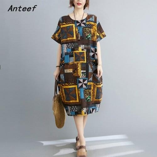 Short sleeve plus size cotton linen vintage floral dresses for women casual loose summer sun dress elegant clothes 2021 sundress