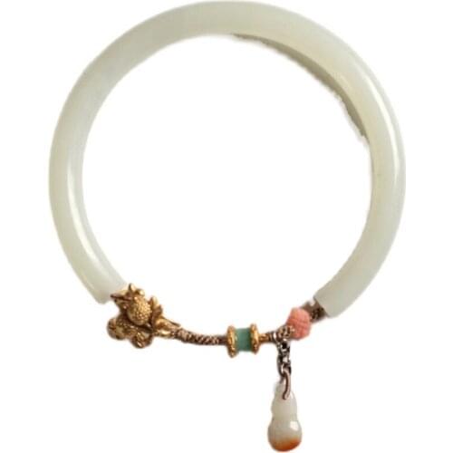 Zq Hetian Jade round Bar Bracelet Sterling Silver S Buckle with Green Buckle Barrel Beads Yellow Jadeite Fu Lu