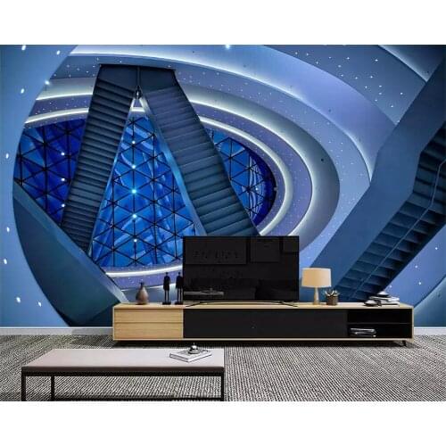 Beibehang 3D geometric blue ring staircase science and technology museum TV background wall custom wallpaper mural decoration