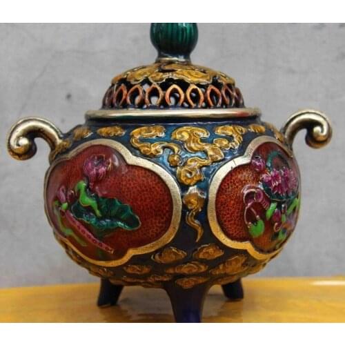 Chinese Folk White Copper Silver Painted Eight treasures Censer incense burner