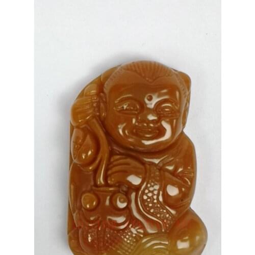 YIZHU CULTUER ART 100% Natural Hand-carved Chinese Jade Necklace Pendant Fish Boy Wonderful Gift