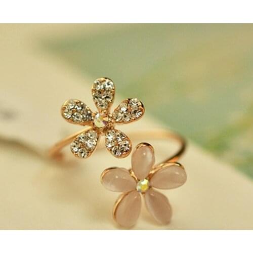 Korean Cats-eye Flower Ring Luxury Exquisite Crystal Opening Ring Elegant Bridal Wedding Party Jewelry Anniversary Gift