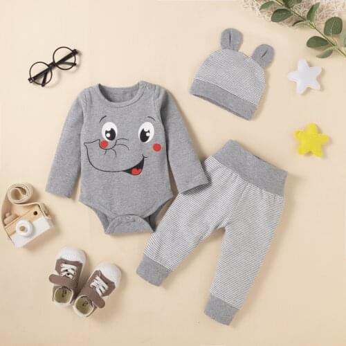 Babys Set Elepant Printed Animal Elephant Printed Long Sleeve Romper + Pants + Hat Newborn Baby Boys Clothes Autumn