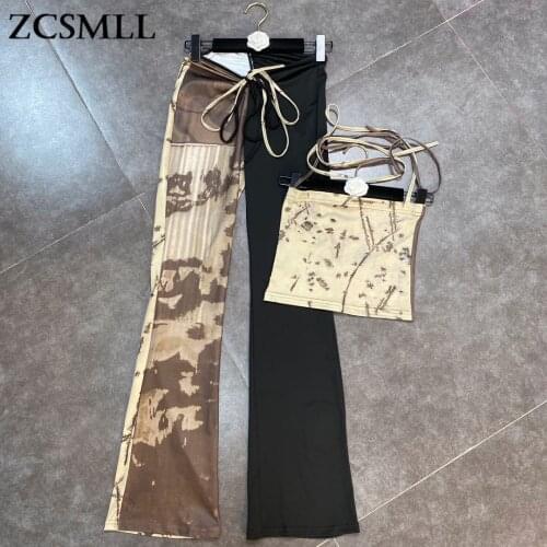 ZCSMLL two pcs set Summer Cross Straps Tube Top Drawstring Mandarin Duck Bell Bottom Pants Fashionable Suit 2021 Fashion