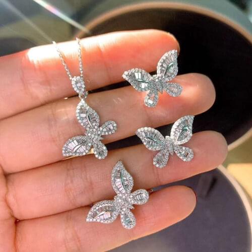 New Fashion Style full diamond S925 butterfly pendant diamond ring earring necklace set