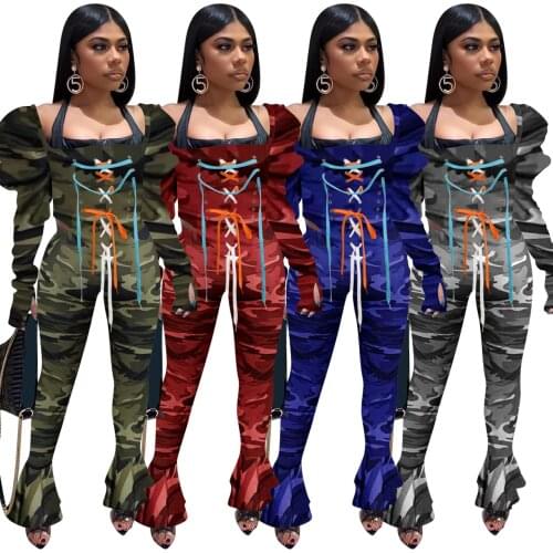 Ruffled Camouflage Two Pieces Sets Women Sexy Bandage Club Outfit Sexy Crop Top And Flare Pants Autumn Spring Tracksuit Clothing