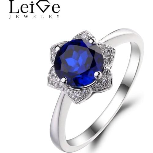 Leige Jewelry Lab Blue Sapphire Engagement Wedding Rings 925 Sterling Silver Ring Round Cut Gemstone Birthstone Rings for Her