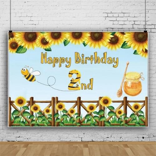 Laeacco Sweet Baby 2nd Birthday Party Photo Background Sunflowers Cartoon Bee Child Portrait Photography Backdrop Vinyl Banner