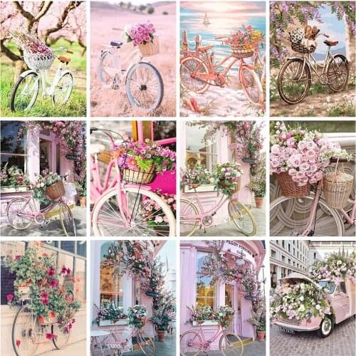 ZOOYA 5D DIY Diamond Painting Bicycle Full Square Diamond Embroidery Flower Pink Cross Stitch Mosaic Crafts Kit Home Decoration