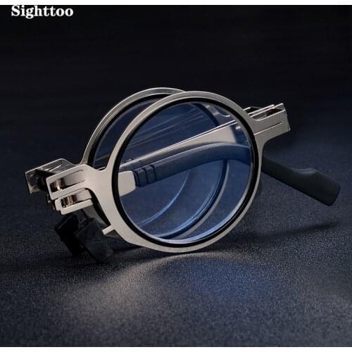 Sighttoo Anti Blue Light Rays Blocking Presbyopia Farsighted Eyeglasses Men Round Metal Frame Foldable Reading Glasses Women